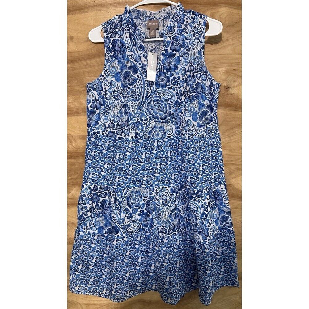 nwt chicos Small CHINOISERIE RUFFLE TIERED KNEE DRESS SHORT REGATTA BLUE Floral